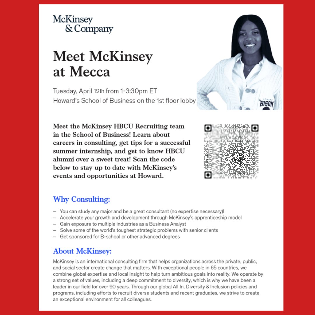HusobCce's tweet photo. Lobby Day with McKinsey &amp; Company!!!
Meet McKinsey &amp; Company recruiters in the Lobby of the School of Business today. Learn how consulting may be the best career path for you. #HUSBCCE #husob https://t.co/5zDtaRJV9l