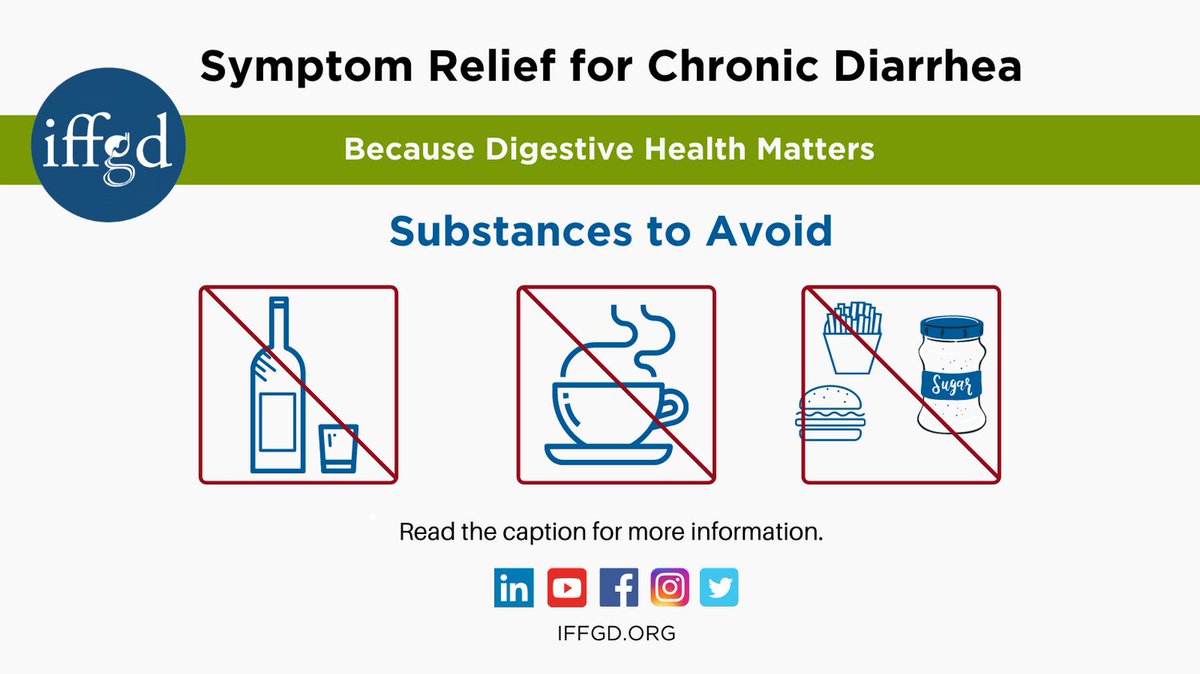 IFFGD's tweet photo. If you have chronic diarrhea, try limiting the following substances to relieve your symptoms:
• Alcohol
• Caffeine
• Fructose
• Lactose
• Laxatives
Visit https://t.co/5nWKmmpPNL to discover how these substances affect individuals with #ChronicDiarrhea.
#IFFGD https://t.co/l5UDFqe9ax