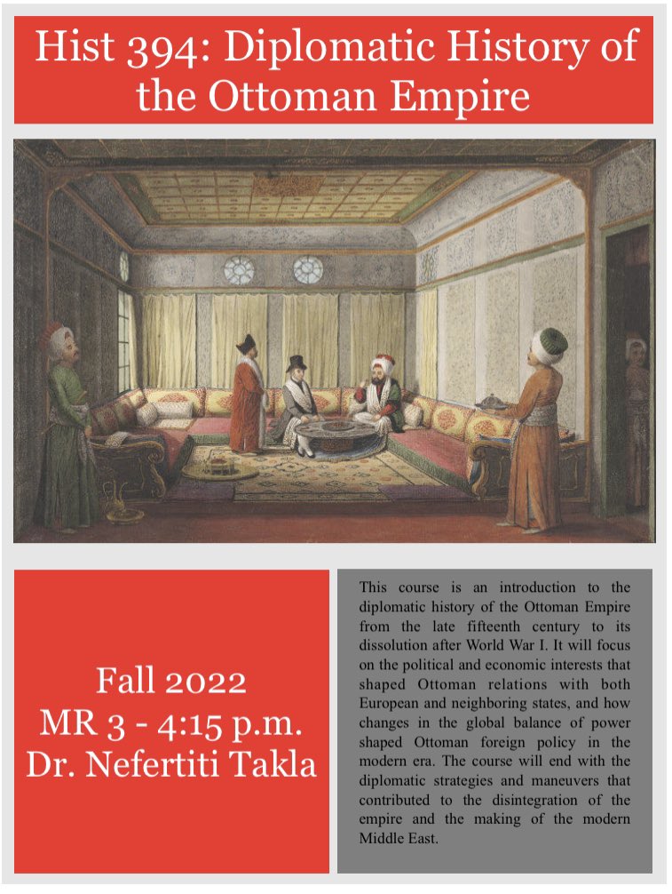 Dr. Nefertiti Takla will teach History 394: Diplomatic History of the Ottoman Empire <a href="/ManhattanEdu/">Manhattan University</a> in Fall 2022.