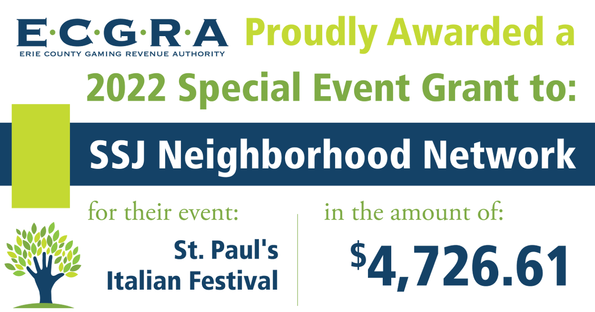 <a href="/SSJNN/">Neighborhood Network</a> a 2022 Special Events Grant Recipient!

Special events grants fund up to 5% of events that take place within #ErieCounty and promote the region economically and culturally, driving tourism, attracting talent, and helping sustain #OurErie traditions. #ECGRAWorks