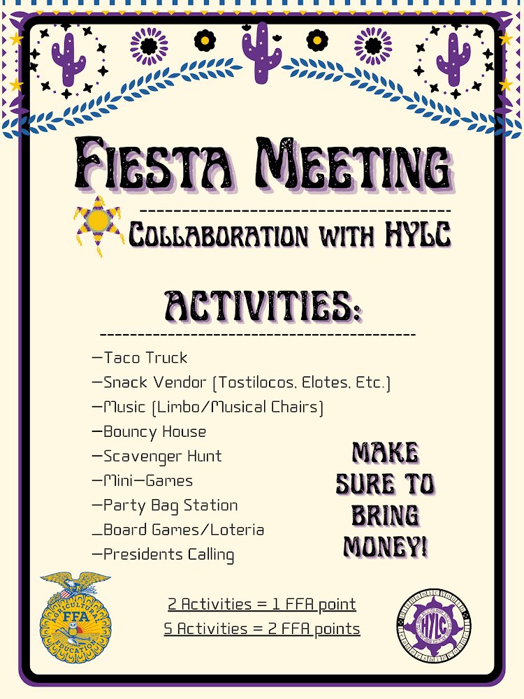 Our Fiesta Meeting is coming up on the 26th! Join us for our collaboration with <a href="/hispanoshylc/">ℍ𝕐𝕃ℂ_𝕃ℍ𝕊𝟚𝟜</a> . We will have multiple ways to earn activity points. Make sure to bring money for vendors! Free snacks will also be provided.