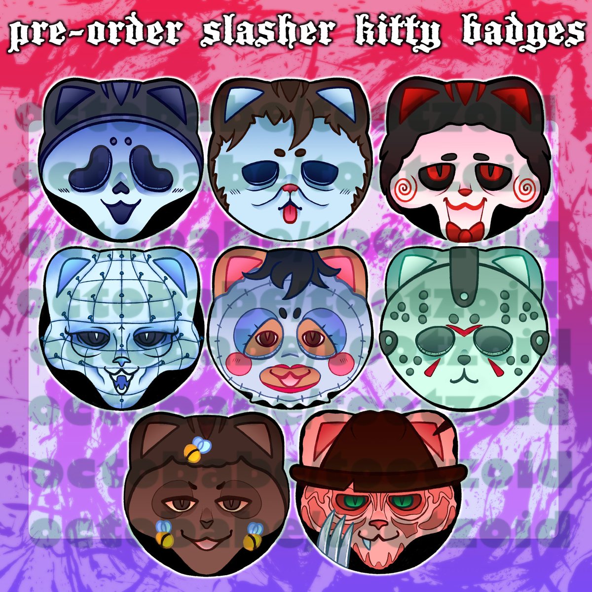 PREORDERS OPEN!

Slasher kitty badge designs are available for preorder at my sh0p

whos your fav??

link to sh0p in replies!

#slasher #horror #ghostface #michaelmyers