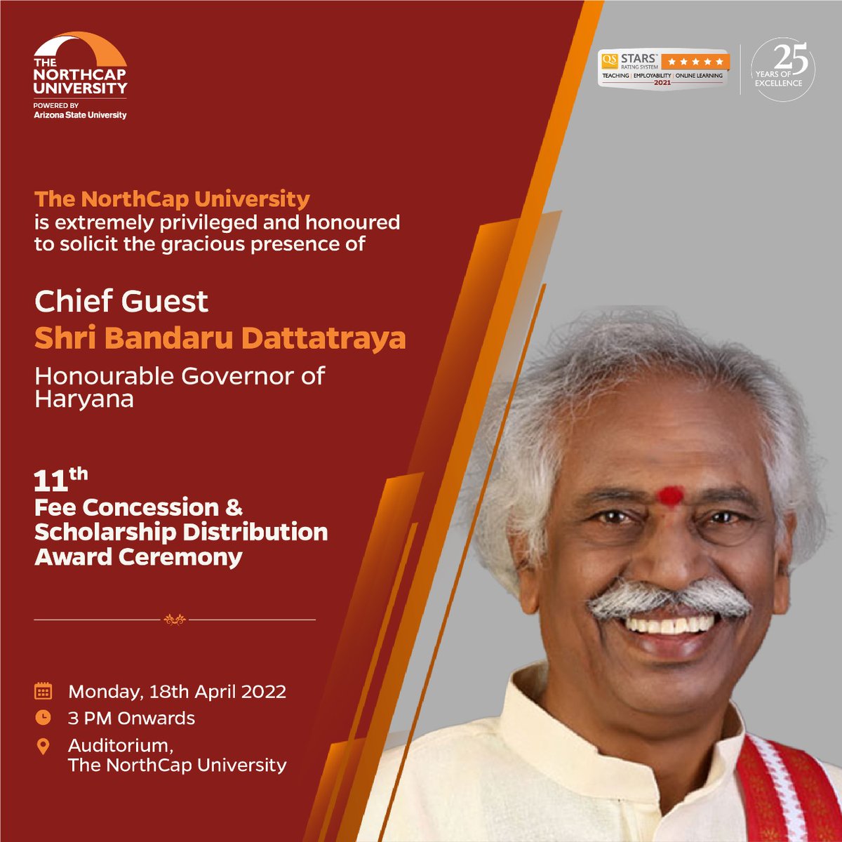 NorthCap_Univ's tweet photo. The NorthCap University invites you to the Fee Concession & Merit Scholarship Distribution Ceremony 2022, where the Honourable Governor of Haryana, Shri @Dattatreya, will award our #deservingstudents. Join us on 18 April 2022 at 3 PM at NCU Auditorium.
#NCUEvents https://t.co/KDsmuCaxSH