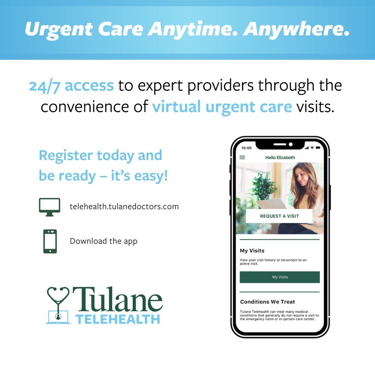 TulaneDoctors's tweet photo. Try Tulane Telehealth for immediate 24/7 access to our providers through the mobile app or website. It's easy, visit https://t.co/N4eNaVw2pu to download the Telehealth Mobile App. #tulanetelehealth #telehealth #virtualcare #virtualappointments #urgentcare https://t.co/M3MLHhfV5n
