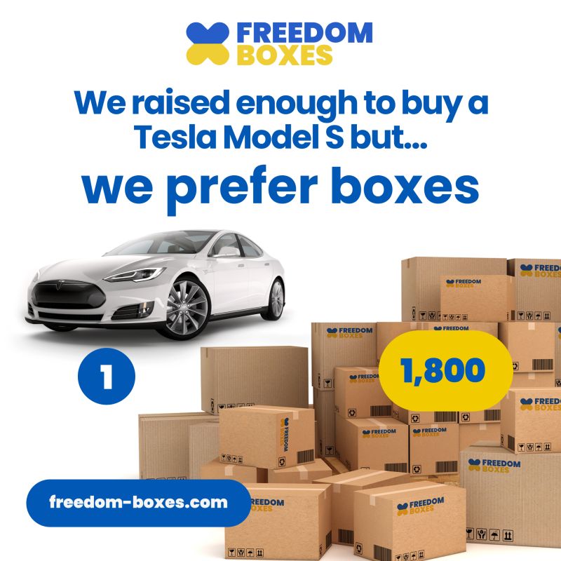 BoxesFreedom's tweet photo. We hit $100,000 in sales today!!! That's enough to buy a @Tesla Model S... or in our words - 1,800 boxes of much-needed supplies. Our brave volunteers deliver to the families and soldiers of Ukraine who are out of reach from the big charities.

#freedomboxes https://t.co/IjYnrK37rY