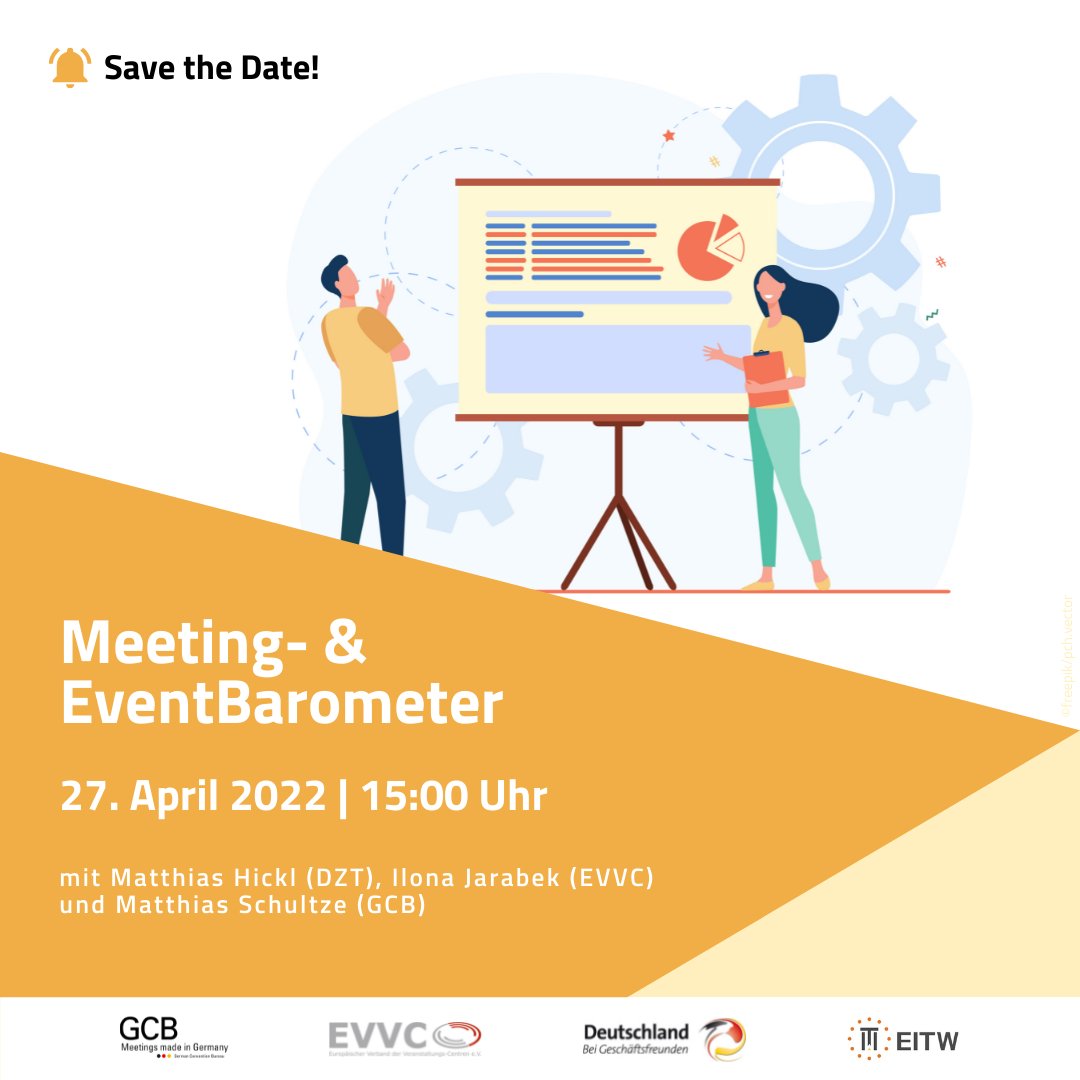 EVVCeV's tweet photo. Das Meeting- und Eventbarometer 2022 Ergebnispräsentation!
📅 Am 27. April 2022, 15 bis 16:30 Uhr
👉 Registrierung: https://t.co/qceNO8l3R0
Mit vielen spannenden Antworten für die Branche!
@GCB_Deutschland #DZT #MeBa2022 #EVVC #eventprofs #mice #future https://t.co/gTuoVaXzZO