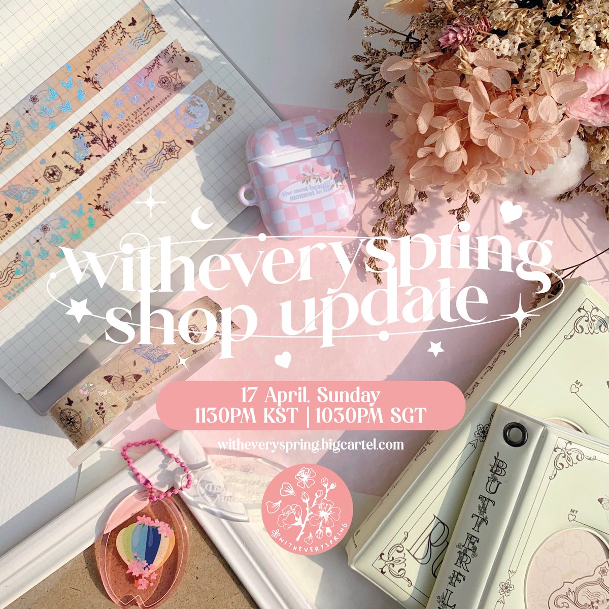 witheveryspring's tweet photo. PLS RT! — 🌸 WITHEVERYSPRING SPRING SHOP UPDATE 

17 APRIL SUNDAY / 1130PM KST (1030PM SGT) 

everythingoes set, butterfly collect book &amp; washi, socks, hyyh airpods &amp; keyrings &amp; glitter stickers 

💗 https://t.co/OhjxTMx3Bj
🦋 ship worldwide from SG
💜 GOMs = DM https://t.co/9SdYhbMarN