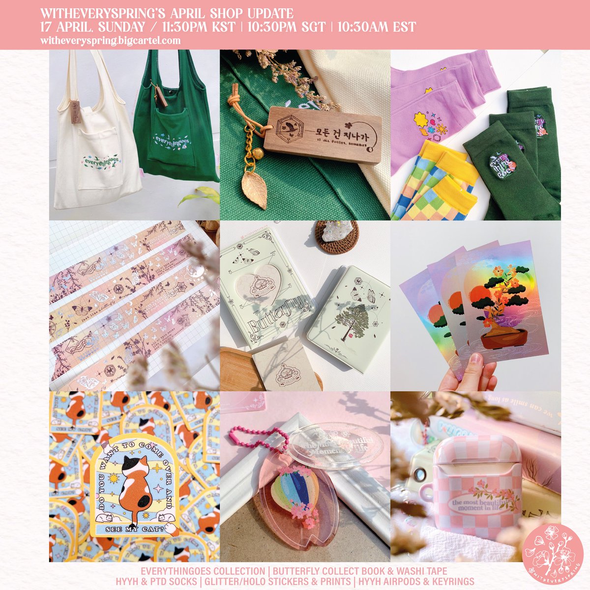 witheveryspring's tweet photo. PLS RT! — 🌸 WITHEVERYSPRING SPRING SHOP UPDATE 

17 APRIL SUNDAY / 1130PM KST (1030PM SGT) 

everythingoes set, butterfly collect book &amp; washi, socks, hyyh airpods &amp; keyrings &amp; glitter stickers 

💗 https://t.co/OhjxTMx3Bj
🦋 ship worldwide from SG
💜 GOMs = DM https://t.co/9SdYhbMarN