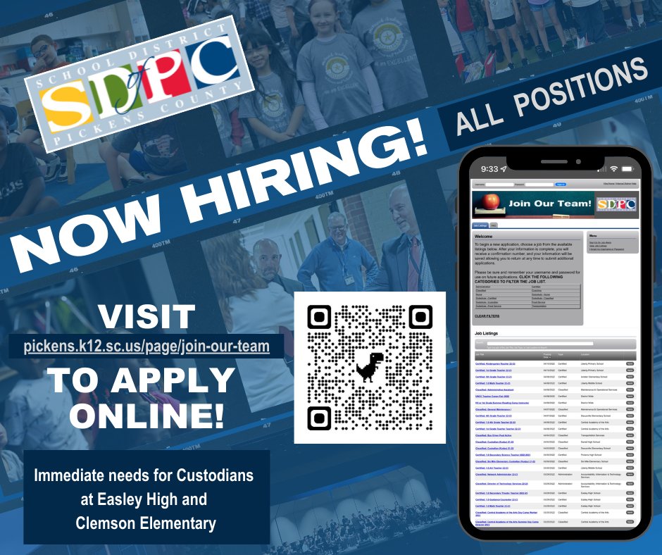 We are hiring!  Do you know anyone that may be interested in working for SDPC? 

There are immediate opportunities for custodians at Easley High School and Clemson Elementary.

Visit pickens.k12.sc.us/page/join-our-… to apply online. Join our SDPC team!