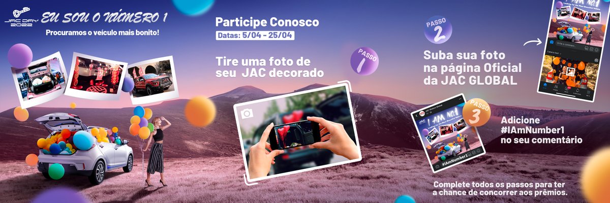 Estamos procurando o veículo JAC mais bonito e os vencedores receberão um prêmio!

Siga os passos da imagem para participar:

Suba sua foto na página oficial da JAC GLOBAL no link:
facebook.com/JACmotorsglobal
