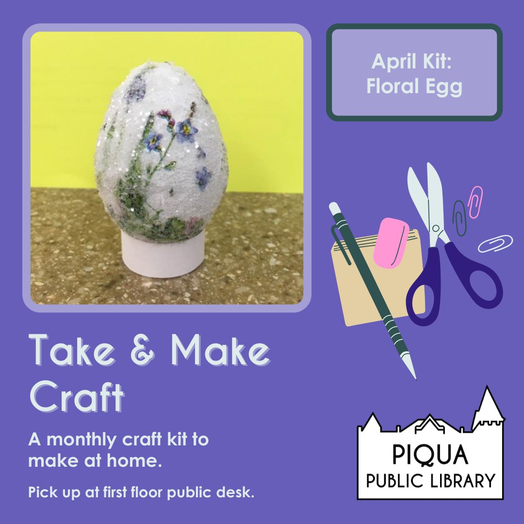 PiquaLibrary's tweet photo. This month's #TakeAndMake #CraftKit is a Floral Egg! Pick up your kit at the first-floor public desk of the #PiquaLibrary. Stop by next month for a new free craft kit! 🌷 #FunAtTheLibrary #Crafty #ArtsAndCraft #LibrariesTransform #BeyondBooks #LibrariesCreateCommunity #PiquaOhio https://t.co/KTpzqC4FgD