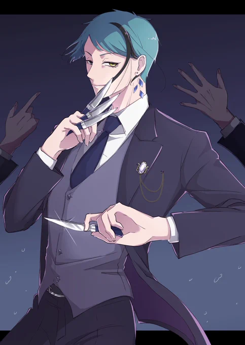 #twst_スーツ武装企画

🐙「後は頼みましたよ」
🦈「コロしちゃダメだからね～」
🐬「ええ、お任せください」

七月ちゃんの素敵企画に🐬×スローイングナイフで参加させて頂きました❗️ 