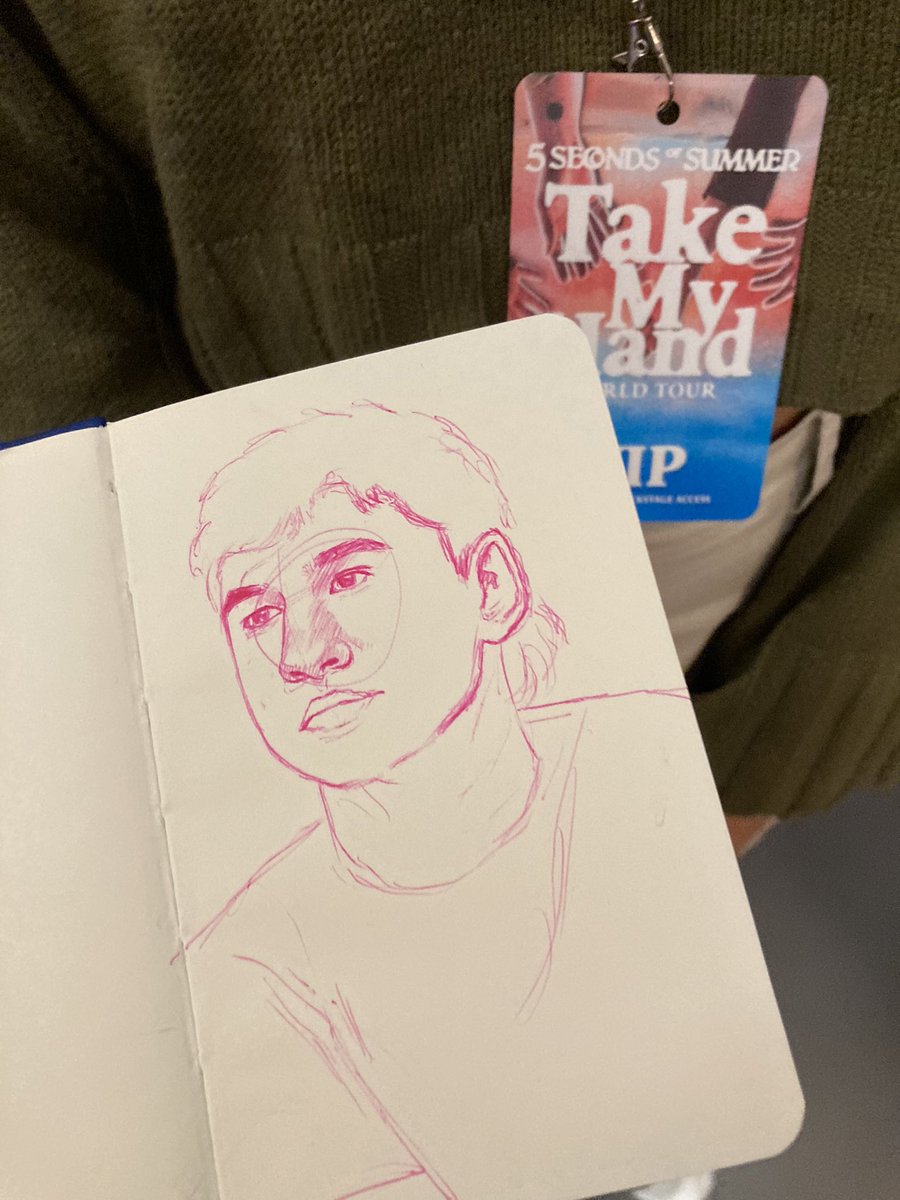 WlLDSOS's tweet photo. sketched @Calum5SOS while waiting in line for soundcheck to start 👁👄👁 I did it in the lil VIP book too 🥺 https://t.co/btJxdZI5K4