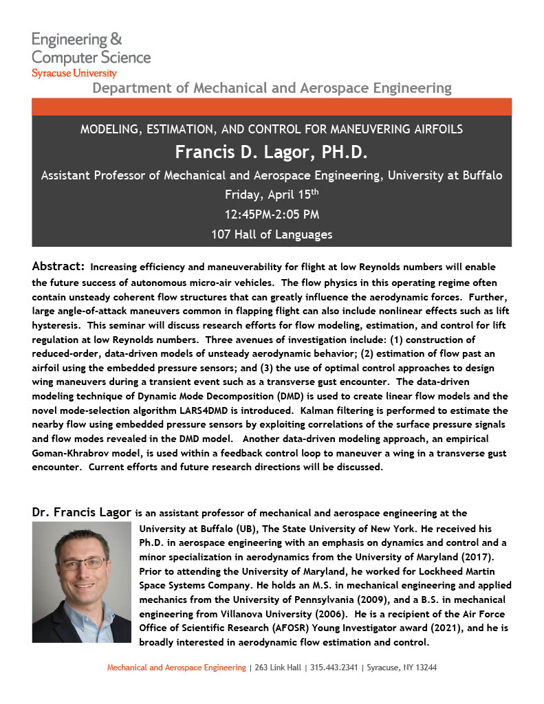 MAE Graduate Seminar 4/15- Dr. Francis Lagor