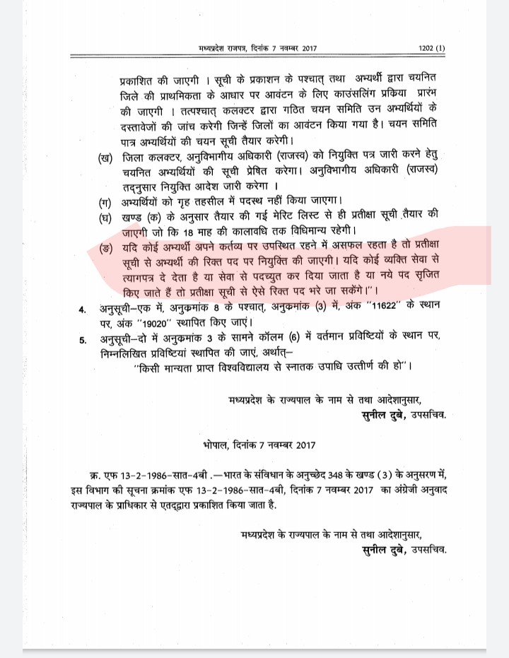 पिछली बार भी स्वीकृत तो 9235 हुए थे। किंतु आज तक पूरे पद भरे नहीं गए। राजपत्र में नियम होने के बाद भी आज तक हम प्रतीक्षारत छात्रों को नियुक्ति नहीं दी गई।
<a href="/ChouhanShivraj/">Shivraj Singh Chouhan</a> <a href="/JM_Scindia/">Jyotiraditya M. Scindia</a> <a href="/GovindSingh_R/">-</a> <a href="/mprevenuedeptt/">Revenue Department, Madhya Pradesh</a> <a href="/OfficeOfKNath/">Kamal Nath</a> <a href="/jitupatwari/">Jitendra (Jitu) Patwari</a> <a href="/digvijaya_28/">Digvijaya Singh</a> <a href="/JVSinghINC/">Jaivardhan Singh</a>