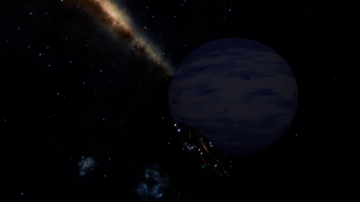 CmdrPete's tweet photo. On approach to the NGC 1931 nebula and we find what we believe to be the smallest gas giant we have come across, similar in size to the other planetary bodies and not much bigger than it's own moons. We submit our findings to @CanonnResearch so they can send a science team https://t.co/67ZK0rzhrv