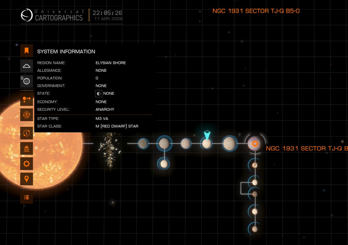 CmdrPete's tweet photo. On approach to the NGC 1931 nebula and we find what we believe to be the smallest gas giant we have come across, similar in size to the other planetary bodies and not much bigger than it's own moons. We submit our findings to @CanonnResearch so they can send a science team https://t.co/67ZK0rzhrv
