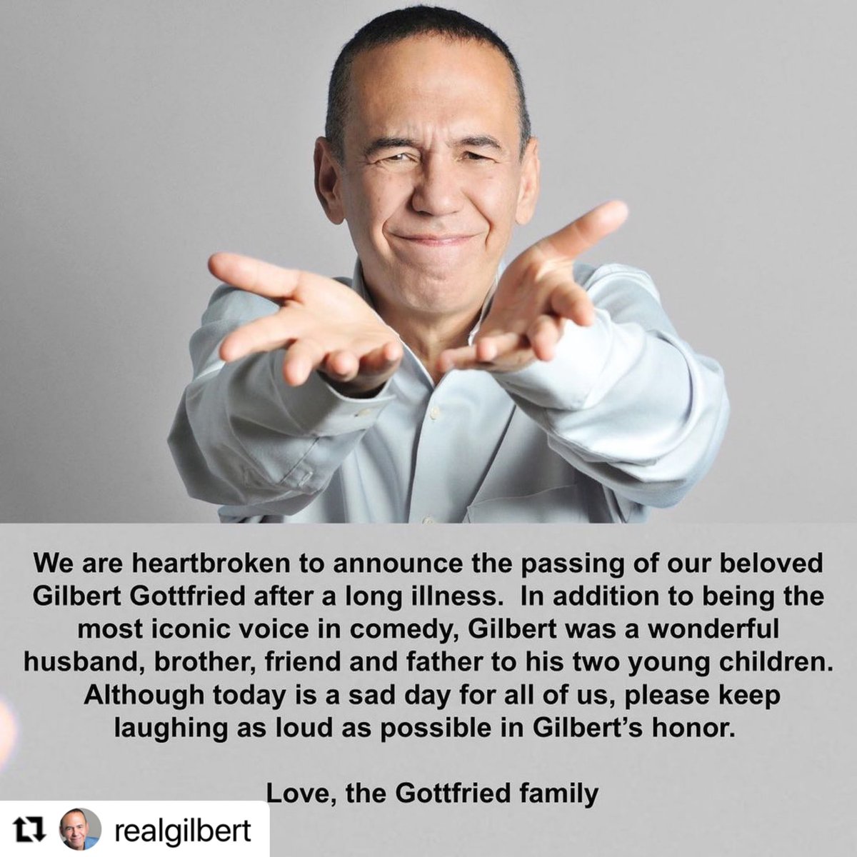 #Repost @RealGilbert We are heartbroken to hear the news that Gilbert Gottfried passed away 💔 . . . . . . #ripgilbertgottfried #restinpeace #gonetoosoon #voiceactor #actor #gonebutneverforgotten
