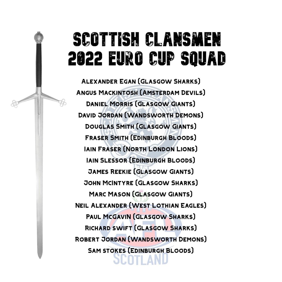 AFL_Scotland's tweet photo. The Scottish Clansmen have announced their squad for the @AFLEurope Euro Cup, which will be held in Edinburgh on 18th June.
#aflscotland #theaussierulesshow #footyinscotland #sherrin #afleurope #afl https://t.co/L2Su0niFv2