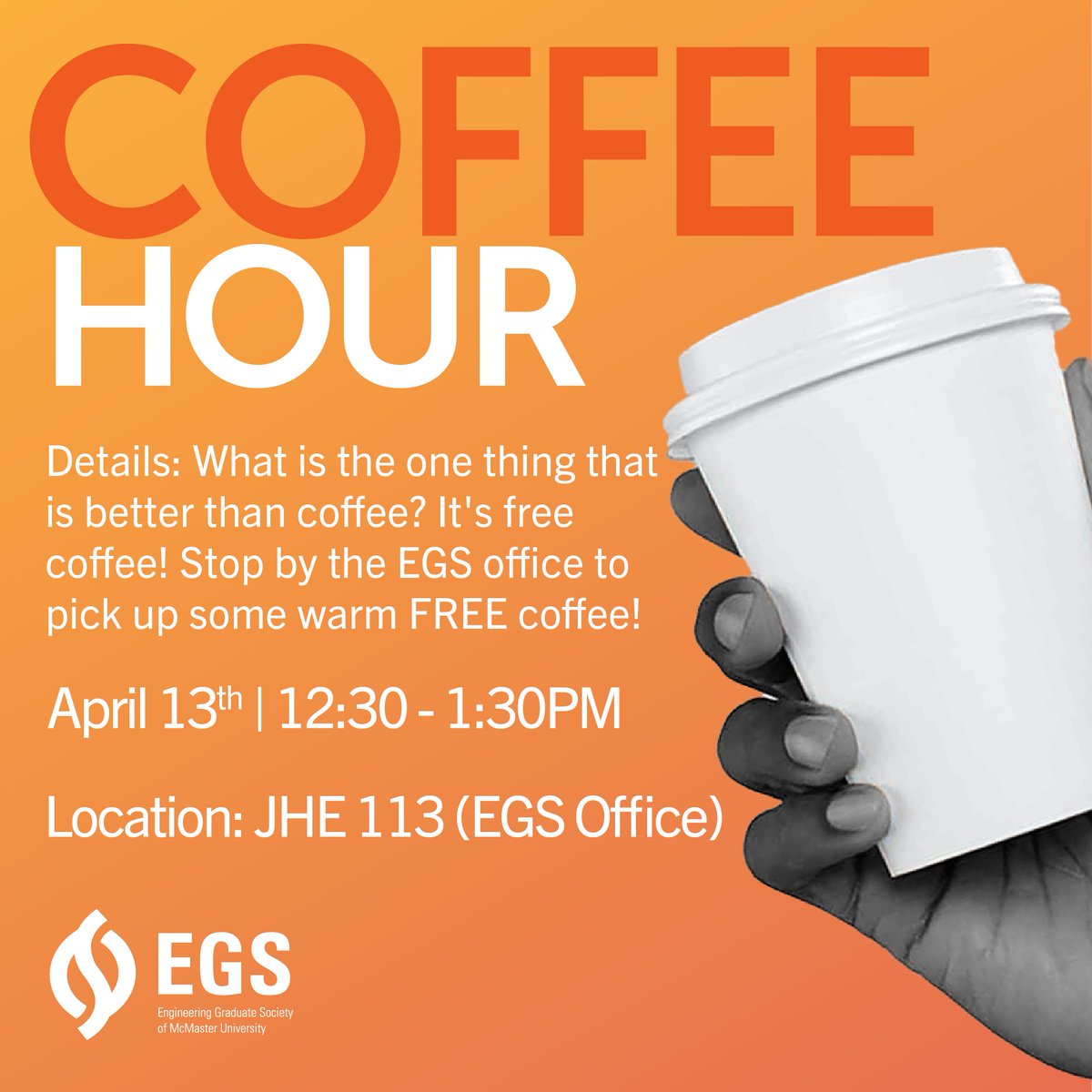 Stop by the EGS office (JHE 113) tomorrow between 12:30 and 1:30PM and re-energize with a fresh cup of free coffee! ☕️