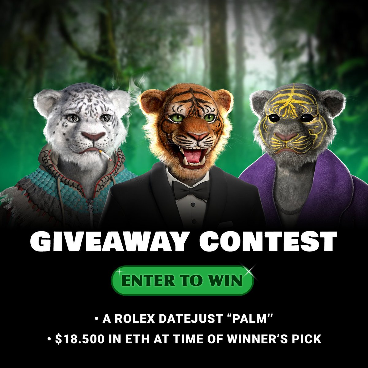 Dear Tigers Crypto Club Family, 📣
 
To thank you for your engagement, and to give you a small preview of what we are planning for you, we have created a special Giveaway for you Tigers.

Join our new Giveaway to win a Rolex Datejust “Palm” !

givelab.com/q6c9oX 

#NFT #Eth