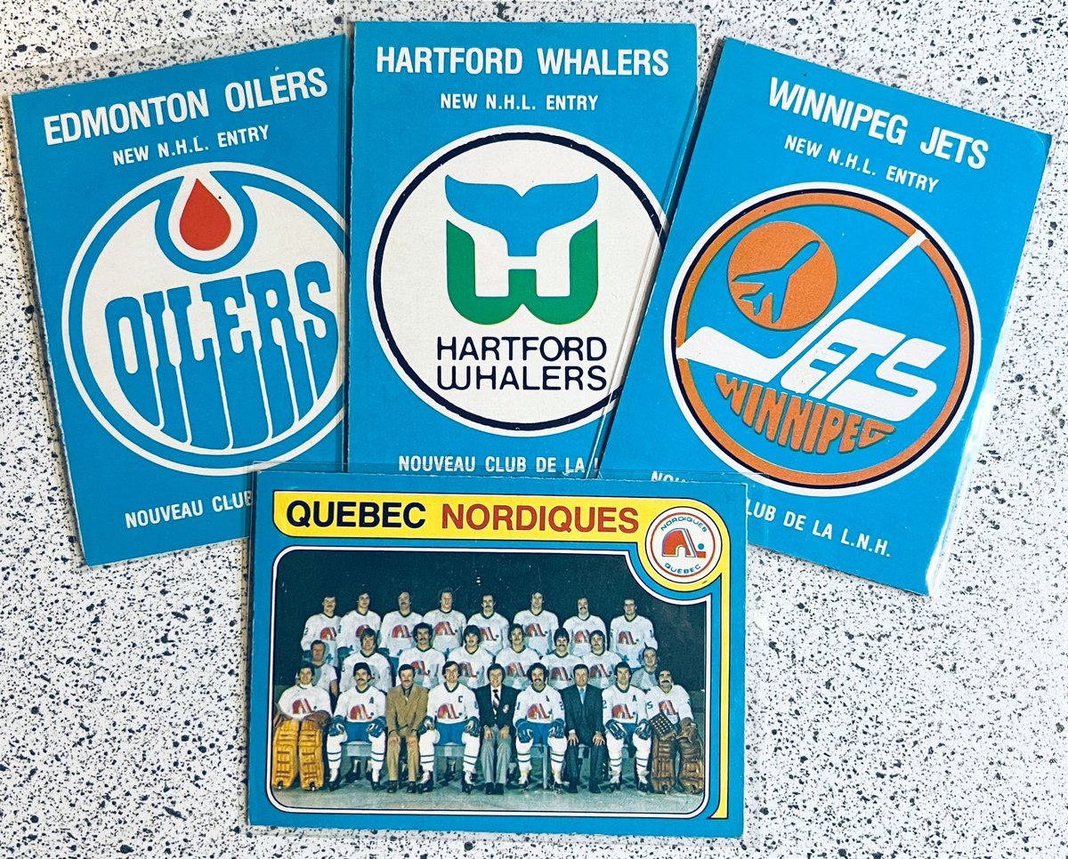 I always found it strange that when the WHA merged, we got three cool logo cards and one team picture. Would have been cool to have had a Nordiques logo card as well..
#hockeycards #wha