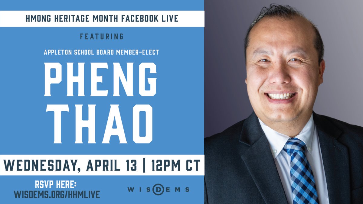 TOMORROW, April 13, join us at 12pm for a Facebook Live with Appleton’s newest, and first Hmong person to be elected, school board member, Pheng Thao! Let’s celebrate #HmongHeritageMonth by uplifting and amplifying leaders like Pheng Thao! 

Join in here: wisdems.org/hhmlive