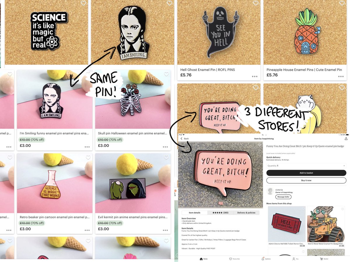 blacksmoke1033's tweet photo. During #EtsyStrike, I have written a quick and simple guide on how to spot counterfeits and resellers for pins so buyers can do their best to only give their money to the genuine artists. The post is available PUBLICLY AND FOR FREE on my Patreon: https://t.co/wURPhzc7Pl https://t.co/Vwn3HZ3XIt
