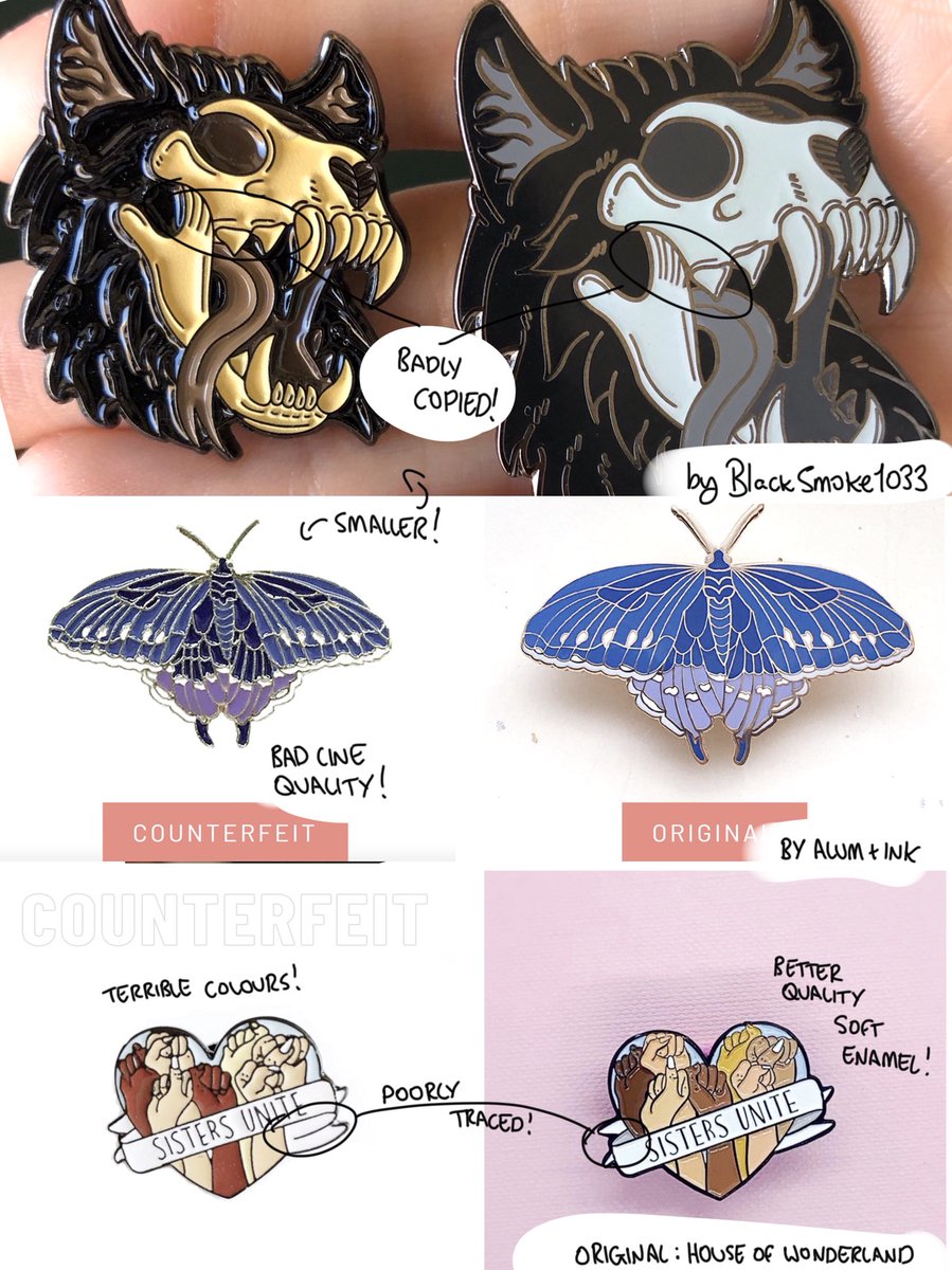 blacksmoke1033's tweet photo. During #EtsyStrike, I have written a quick and simple guide on how to spot counterfeits and resellers for pins so buyers can do their best to only give their money to the genuine artists. The post is available PUBLICLY AND FOR FREE on my Patreon: https://t.co/wURPhzc7Pl https://t.co/Vwn3HZ3XIt