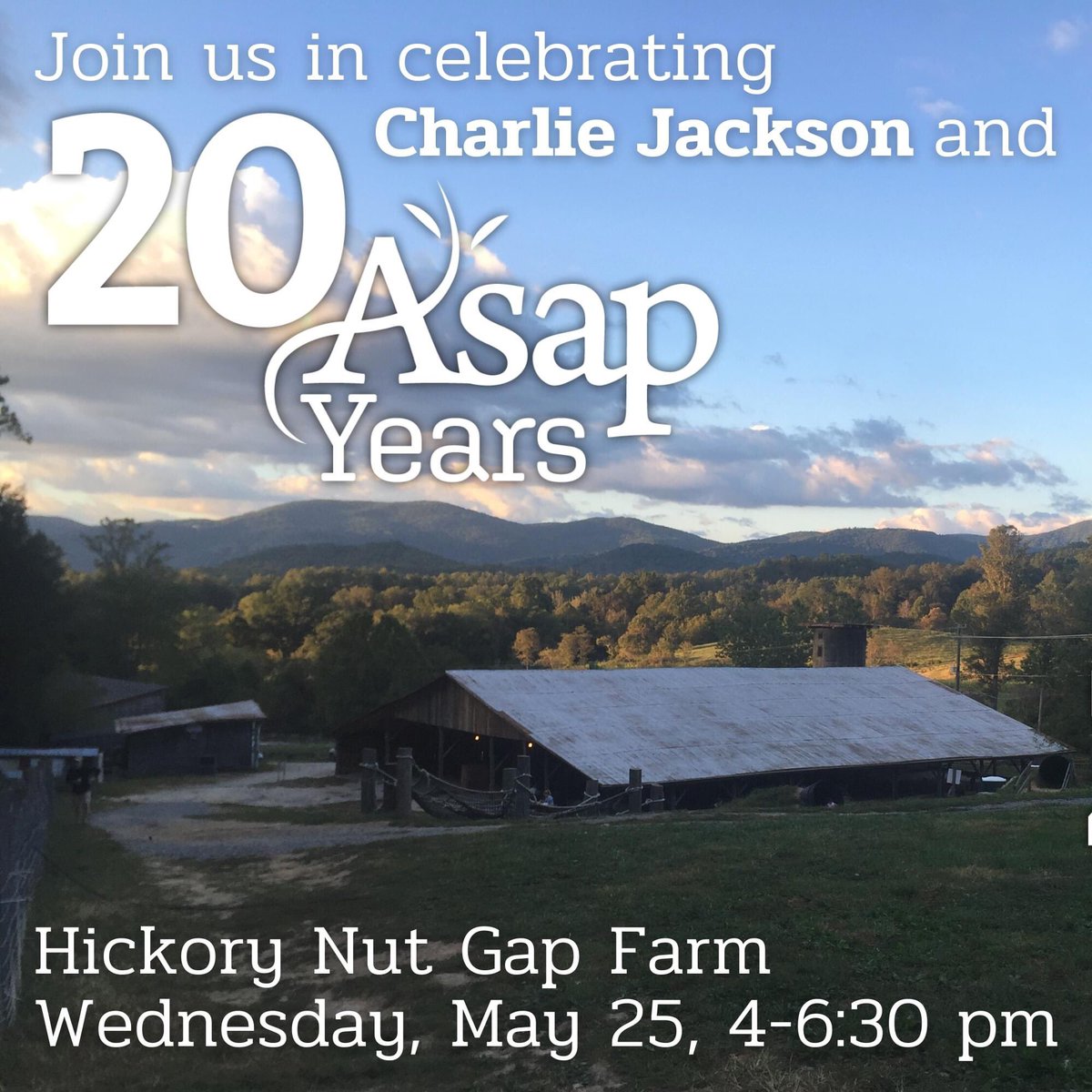 ASAP Connections (@asapconnections) on Twitter photo Save the date! We’re celebrating ASAP's 20th anniversary, along with founder Charlie Jackson's retirement, on May 25, 4-6:30 pm at <a href="/hickorynutgap/">Hickory Nut Gap</a>. This is a free event—and all are welcome! Save the date! We’re celebrating ASAP's 20th anniversary, along with founder Charlie Jackson's retirement, on May 25, 4-6:30 pm at <a href="/hickorynutgap/">Hickory Nut Gap</a>. This is a free event—and all are welcome!
