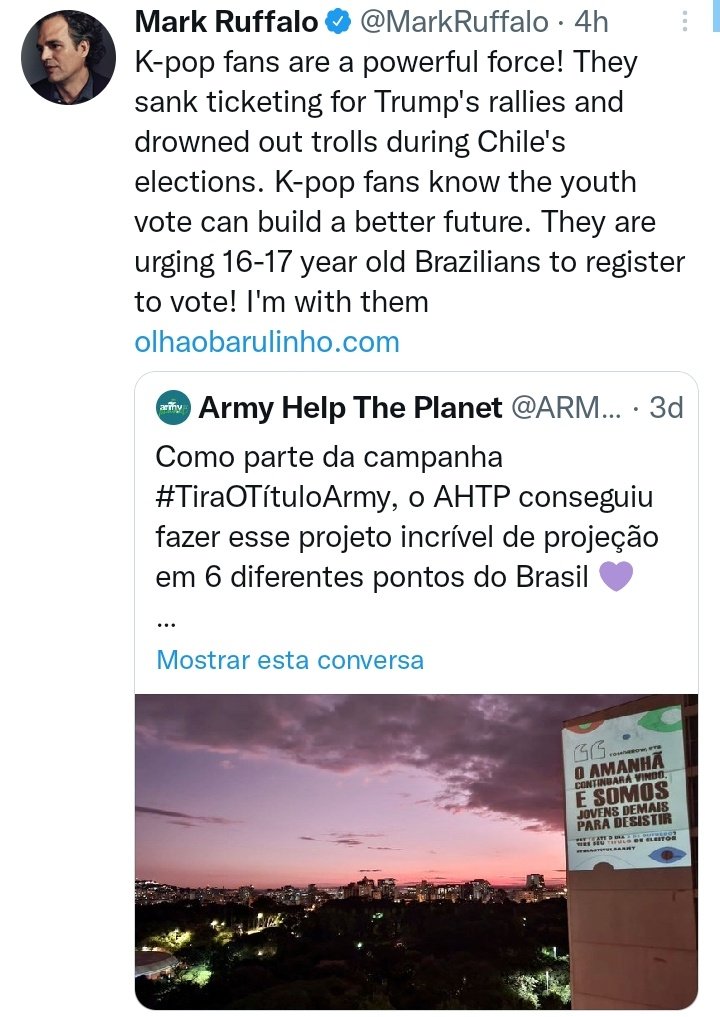 houseofarmybts_'s tweet photo. 📰 | O ator Mark Ruffalo, que faz o papel de Hulk no filme vingadores, fez um tweet elogiando a atitude do projeto brasileiro feito pelo 'Army Help The Planet' incentivando os jovens de 16-17 a tirarem o título de eleitor.

"Os fãs de K-pop sabem que o voto + https://t.co/Q1mzmdIrHP