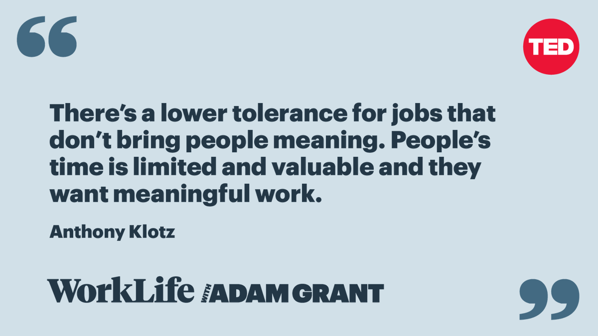 TEDTalks's tweet photo. Thinking about joining in on the Great Resignation? Before you do, listen to this so you don’t feel the Great Regret. Learn when and how to quit your job on this episode of WorkLife with @AdamMGrant. Listen on @ApplePodcasts: https://t.co/4YryrJQXKo https://t.co/dkwuJXjMIn