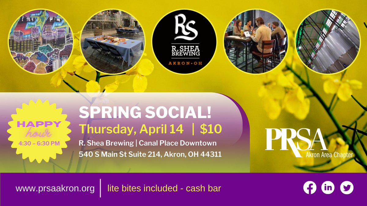 There's still time to sign up for our Spring Social! Join us THIS THURSDAY for drinks and networking. We hope to see you there! Register here ➡️ prsaakron.org/meetinginfo.ph…