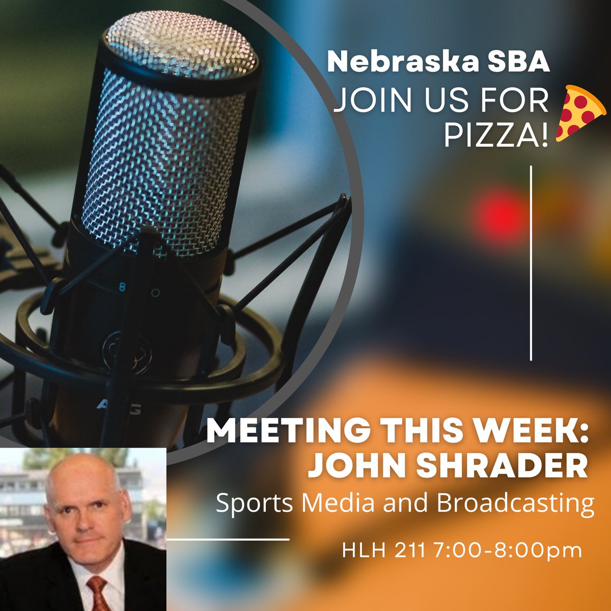 NebraskaSBA's tweet photo. MEETING THIS WEEK: Join us this Wednesday, 4/12, from 7:00-8:00pm in HLH 211. *note the time change

Bring a friend and enjoy some pizza as we hear from John Shrader: an Emmy award-winning broadcaster and journalist, filmmaker, sports reporter, and play-by-play announcer. https://t.co/oQG32xMzbu