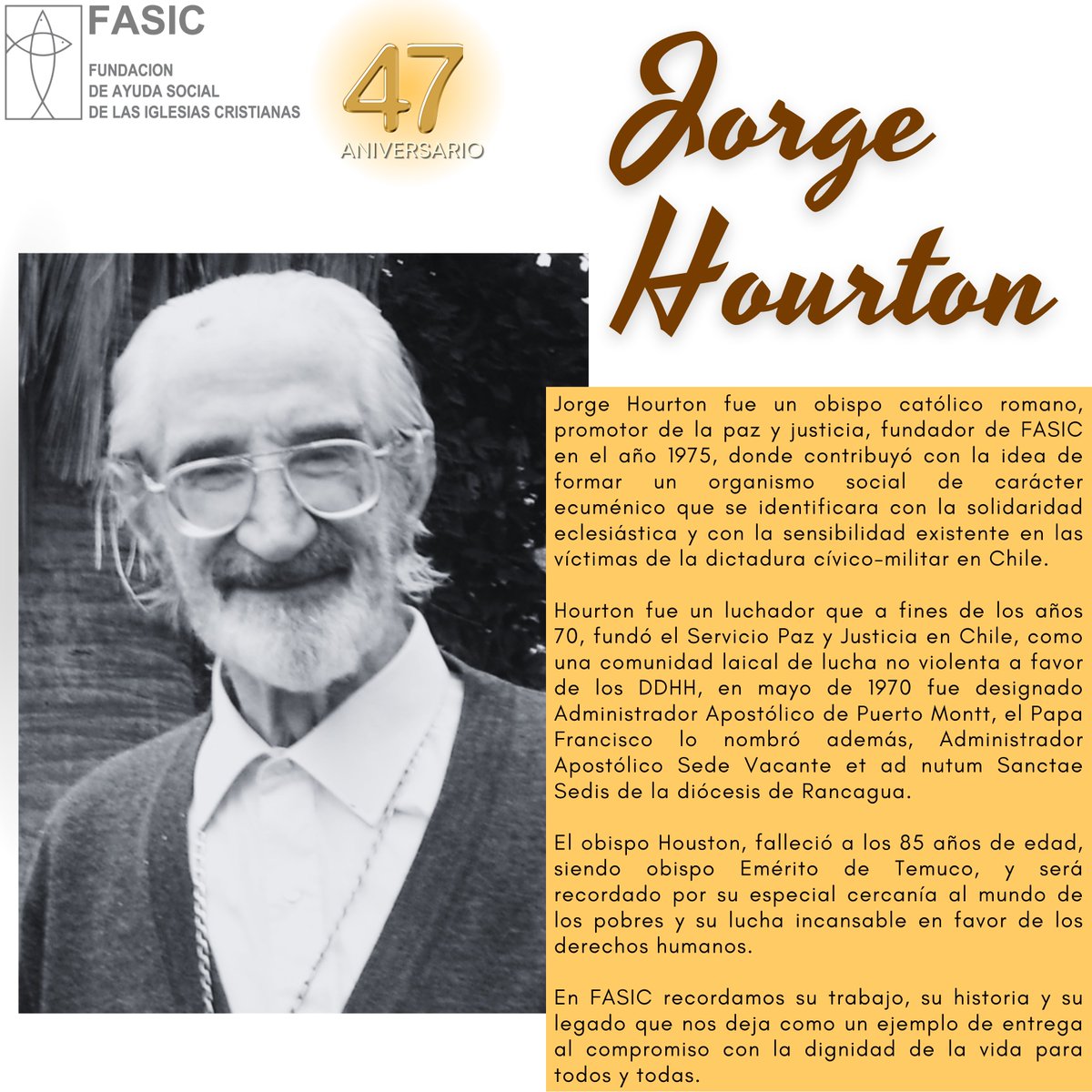 FASICDDHH's tweet photo. En este #47AniversarioFASIC Recordamos al Obispo católico romano Jorge Hourton, uno de los fundadores de #FASIC https://t.co/f38tJl5fjt