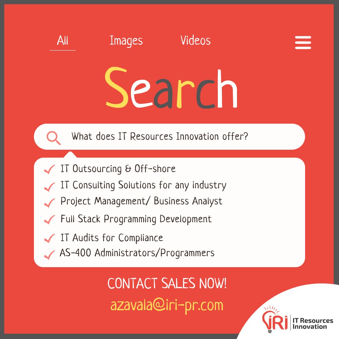 🛑STOP SEARCHING🛑 We are the IT Consulting firm you are looking for. Contact us at 📧 azavala@iri-pr.com and tell us what does your IT department needs. 
#InnovateIT