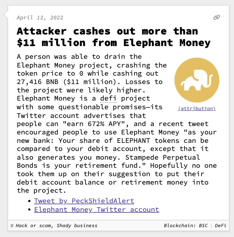 web3isgreat's tweet photo. Attacker cashes out more than $11 million from Elephant Money

April 12, 2022
https://t.co/814gu1cYwv https://t.co/F871oQCbXt