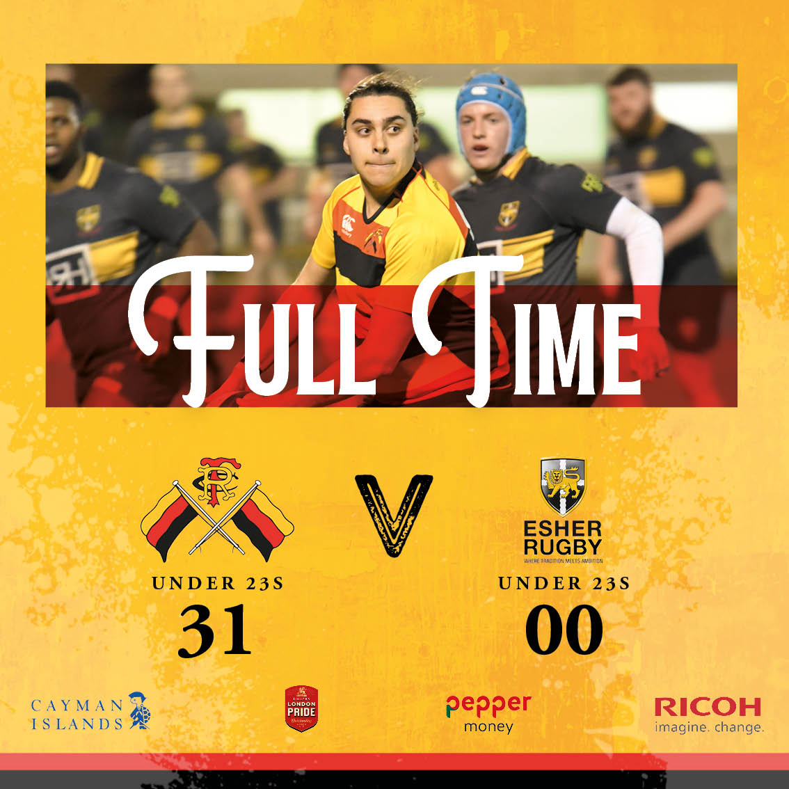 RichmondFC1861's tweet photo. Two from two at the RAG ✅

Our Richmond U23's complete the double, charging to a 31-0 win over @esherrugby!

#ThisIsRichmond 💛❤️🖤 https://t.co/l0bM0JDWng