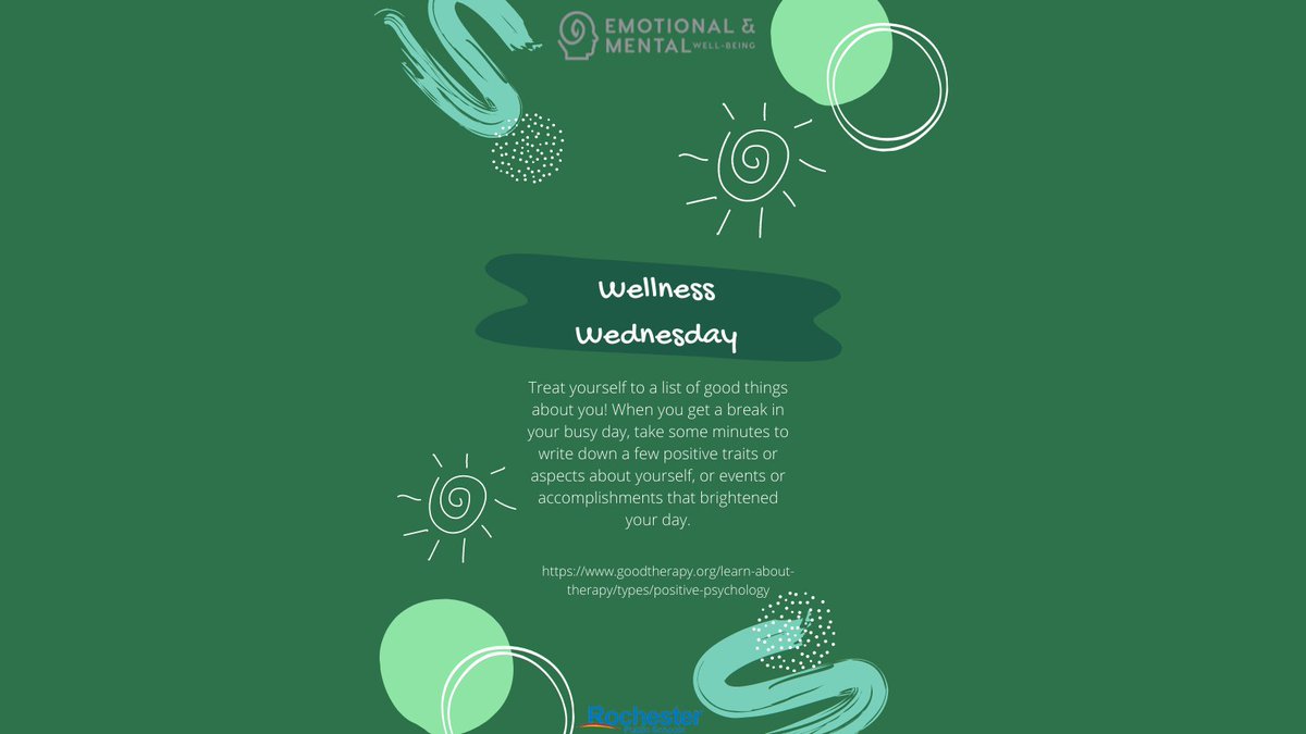 Wellness Wednesday

Treat yourself to a list of good things about you! When you get a break in your busy day, take some minutes to write down a few positive traits or aspects about yourself, or events or accomplishments that brightened your day.

goodtherapy.org/learn-about-th…