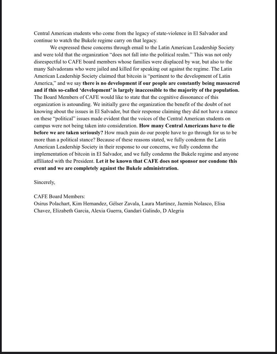 OFFICIAL STATEMENT: Regarding the Latin American Leadership Society at Berkeley Spring Forum hosting V.P. of El Salvador Dr. Felix Ulloa on bitcoin.