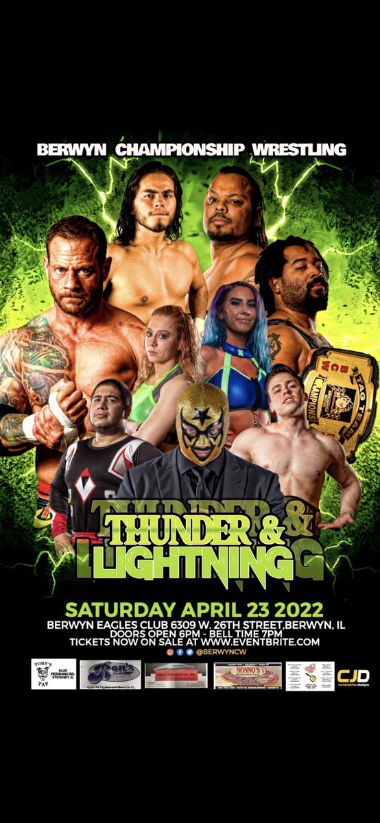 BerwynCW's tweet photo. Berwyn Championship Wrestling presents THUNDER &amp; LIGHTNING 4/23 at the Eagle’s Club!

Tickets available now!
🎟 https://t.co/qzILKNVhHT

#BCWThunderLightning
#BerwynCW https://t.co/7imynotFi4
