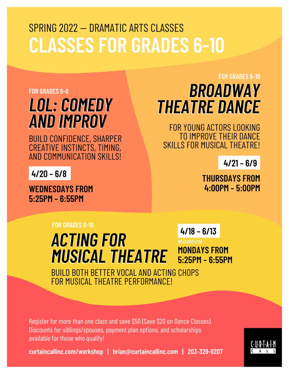 CurtainCallEdu's tweet image. ACT NOW TO ACT OUT: Classes start April 18!
All skill levels welcome! Sibling discounts, payment plans, scholarships available.
curtaincallinc.com/workshop/
brian@curtaincallinc.com
203-329-8207
#actingclass #singinglesson #danceclass #dancelesson #singingclass #musicaltheatre #improv
