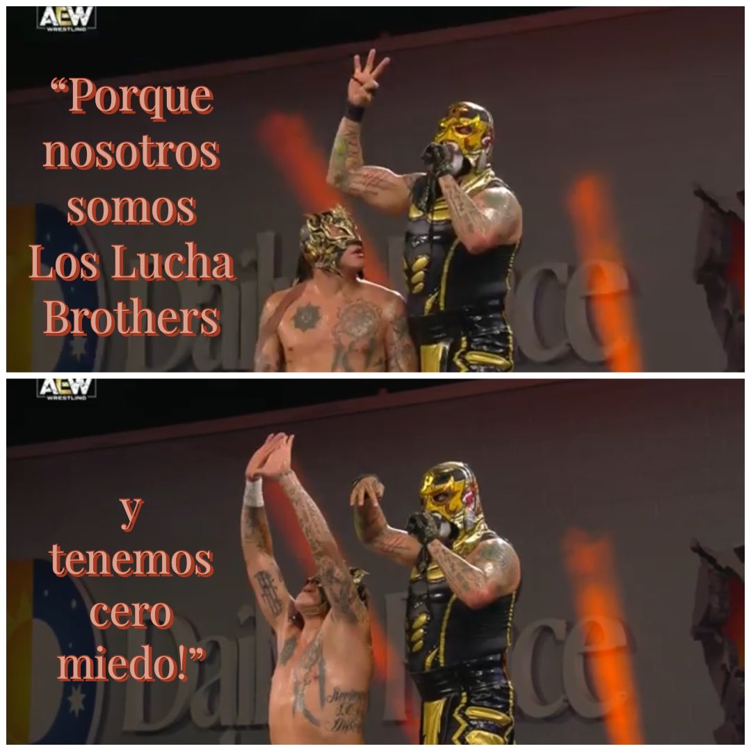 TTMGPodcast's tweet photo. “Porque nosotros somos Los Lucha Brothers y tenemos cero miedo!”

#quoteaday 
#ceromiedo 
#pentagonjr #reyfenix #aew https://t.co/4hiBplCKEx