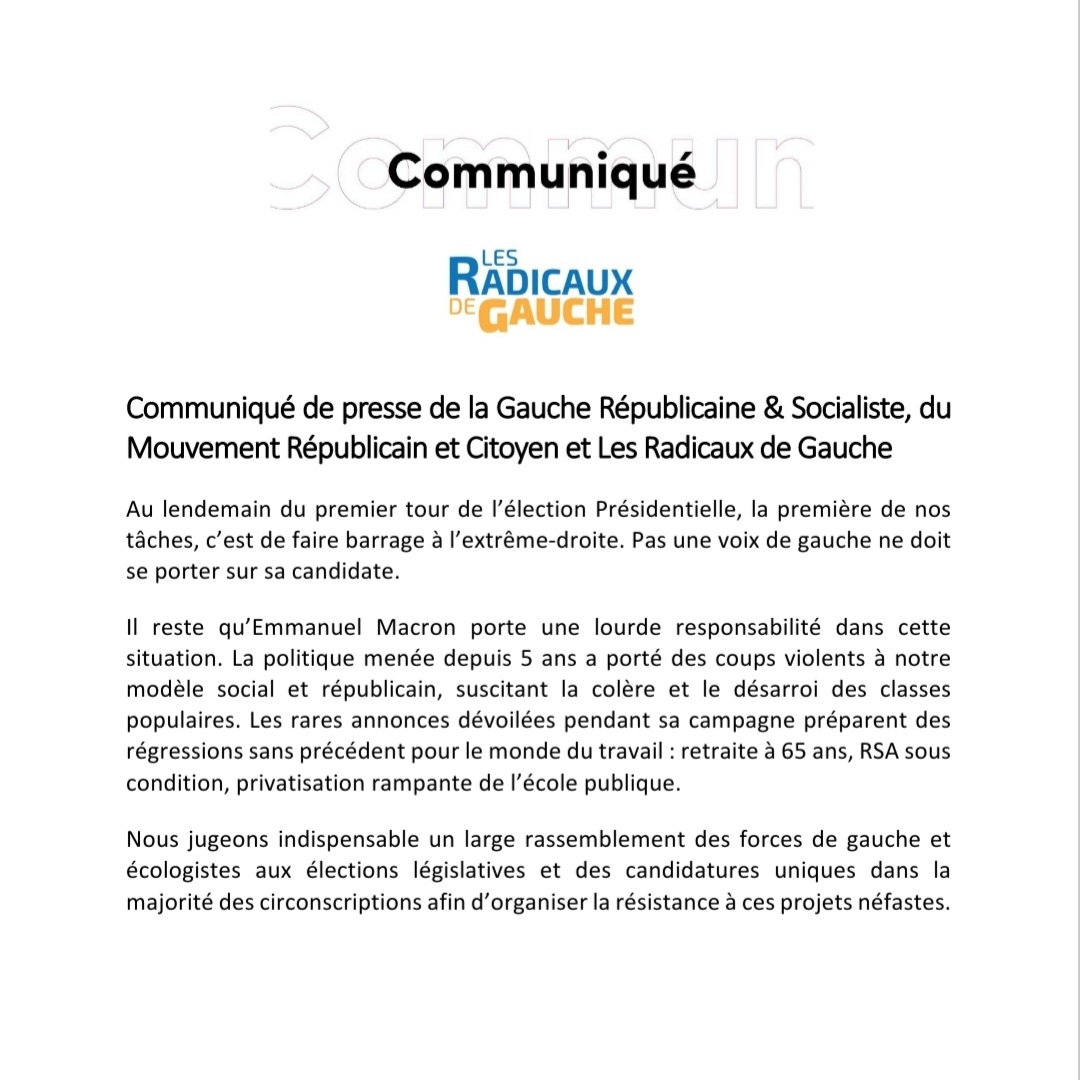 Radicaux_Gauche's tweet photo. #CommuniquéDePresse 
#Presidentielle2022 https://t.co/yg5xt79G7p