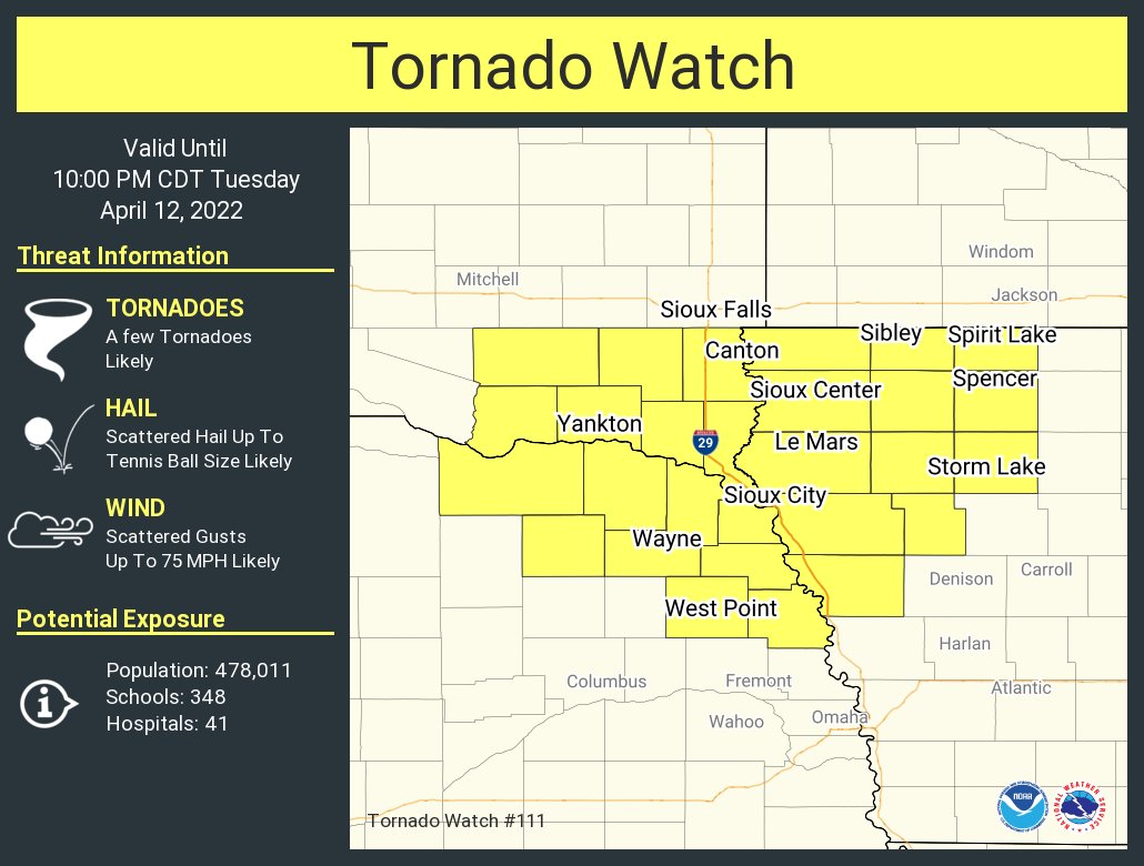A tornado watch has been issued for parts of Iowa, Nebraska and South Dakota until 10 PM CDT