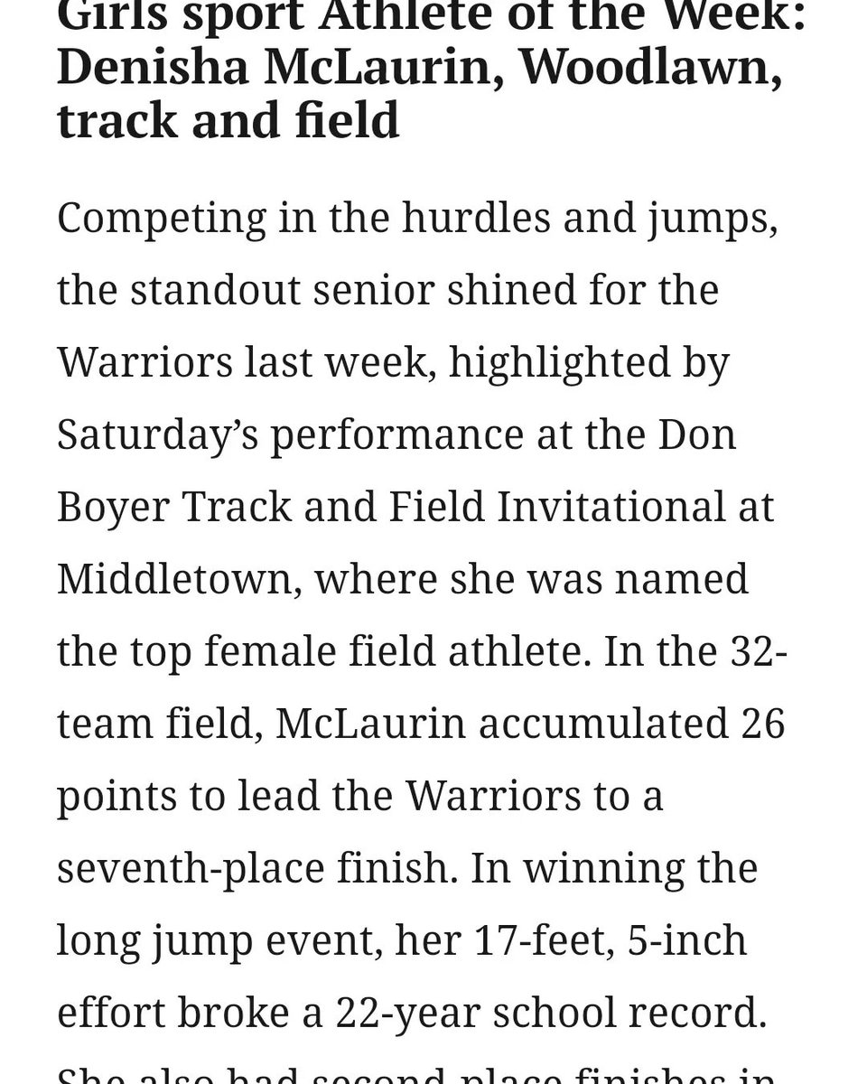 WoodlawnTrack's tweet photo. Congrats to Senior Denisha McLaurin for being named @BaltSunSports HS Female Athlete of the Week! #KeepWorking @WHSWarriors1801 @WoodlawnHS_BCPS @BCPSAthletics https://t.co/BMpDtiIQeg