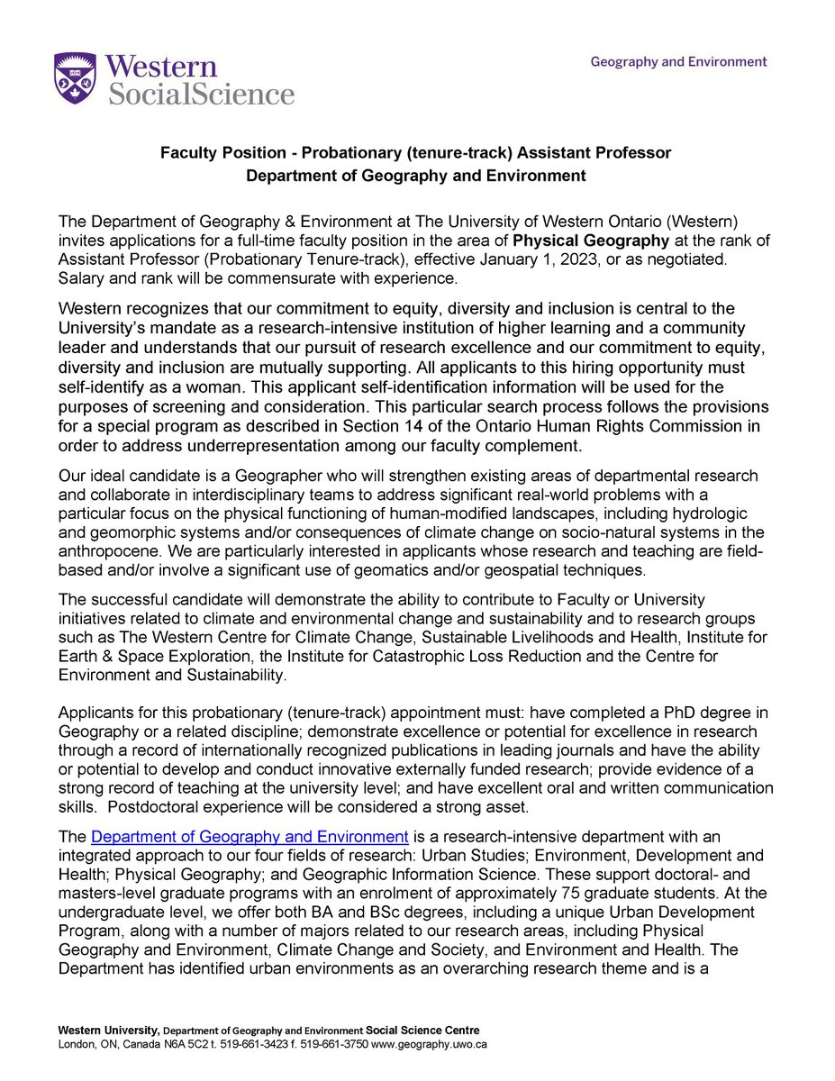 westernuGeoEnv's tweet photo. We - The Department of Geography &amp; Environment @WesternU - invite applications from candidates who self-identify as women for a probationary (tenure-track) position in #PhysicalGeography @ the Assistant Professor rank.

Applications due Sept. 30

Details:
https://t.co/xZ0Dnx69SN https://t.co/Q1brkE0qkp
