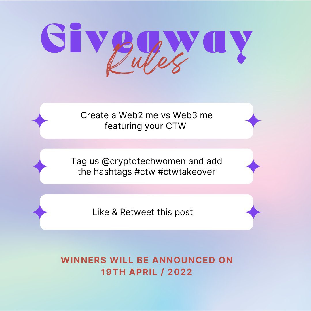 CryptoTechWomen's tweet photo. New week, new giveaway!

🏆 Prizes:

1x @WomenTribe_nfts (from our vault)✨
1x CTW NFT 💌

To qualify:
✨ Create a Web2 me vs Web3 me featuring your CTW (it has to be yours)
✨ Tag us @cryptotechwomen and add the hashtags #ctw #ctwtakeover
✨ Like &amp; retweet this post

2 winners👀 https://t.co/rOlWASKxQ8