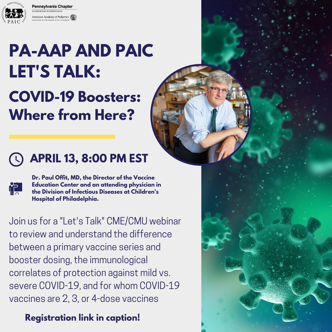 Join us for a Let's Talk CME/CMU webinar "COVID-19 Boosters: Where from Here" tomorrow, April 13th at 8:00 pm EST with Dr. Paul Offit! 

Register here: us06web.zoom.us/.../reg.../WN_…