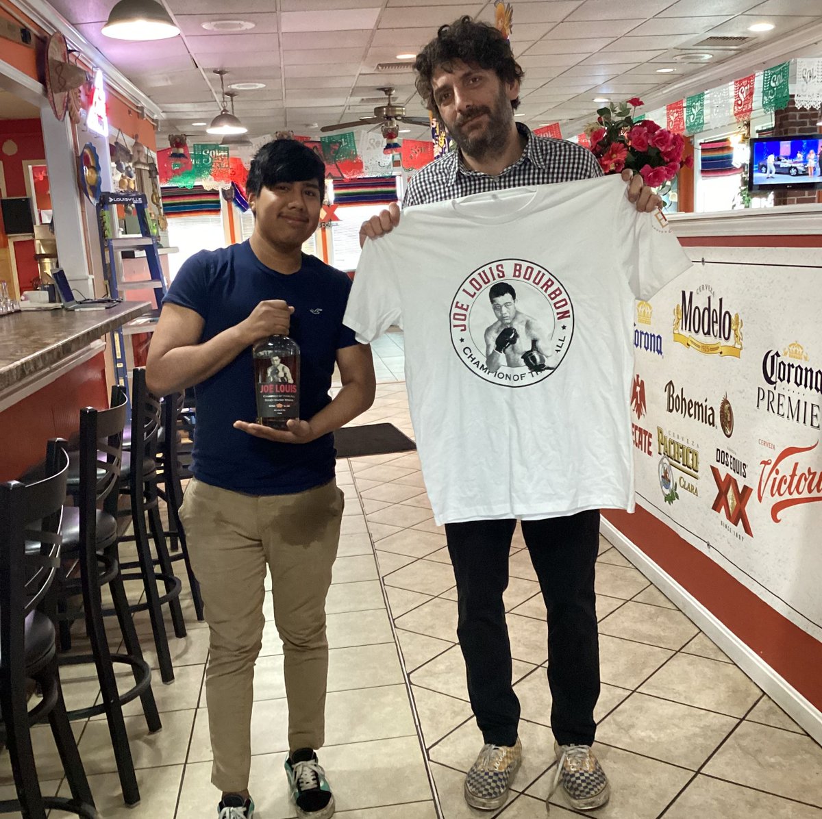 JoeLouisBourbon's tweet photo. Tony and Beto at Mi Casita in Radcliff will be carrying Joe Louis Bourbon.  Stop by to for an Old Fashioned and some amazing views of army artillery. #restaurant #army #bourbon https://t.co/nr6tbNIpkX